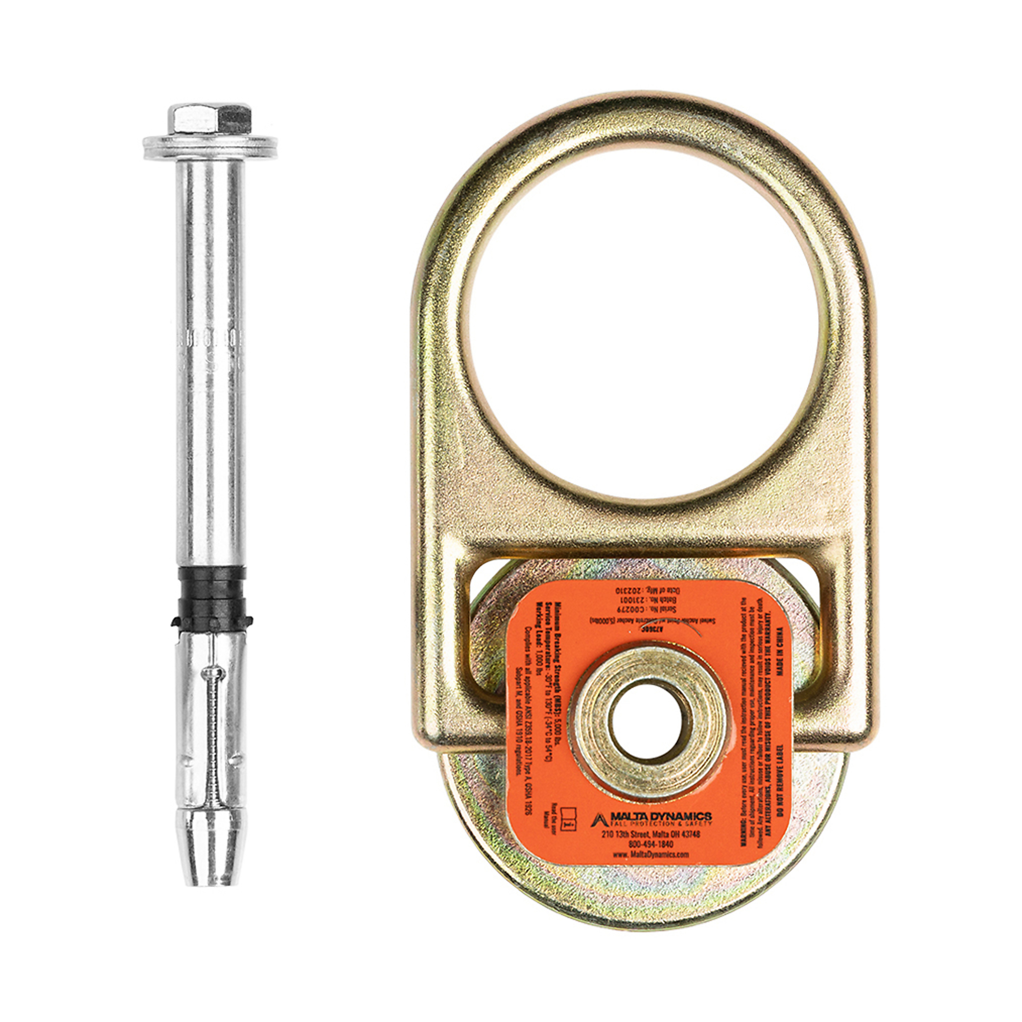 Malta Dynamics 5K Swivel Anchor - Concrete, OSHA and ANSI Compliant, 5,000 lb (22kN) Breaking Strength, 310 lb Weight Capacity, Model# A7360C